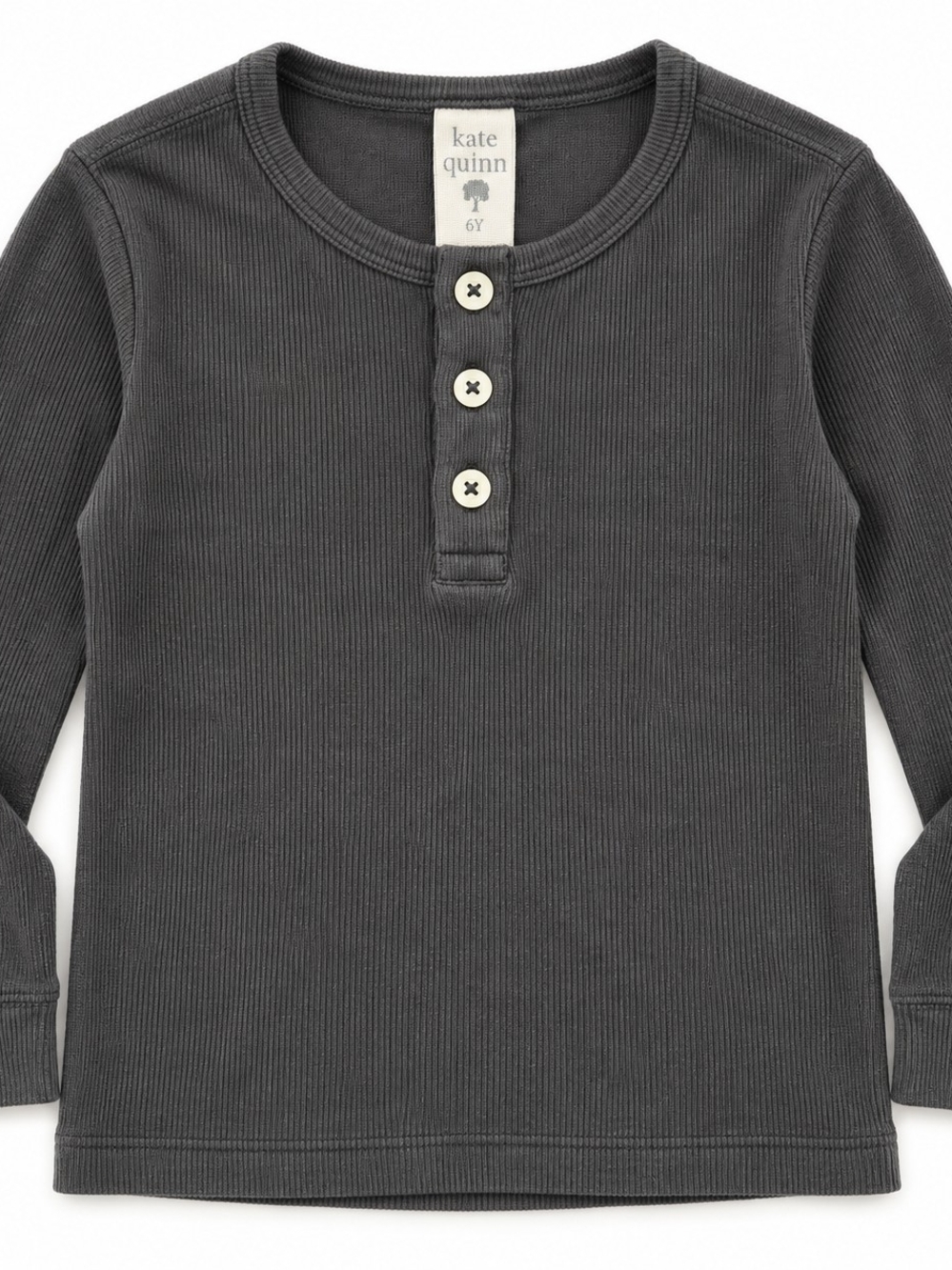 Kate Quinn Kids 6Y Charcoal Ribbed Henley Long Sleeve Shirt Organic Cotton
